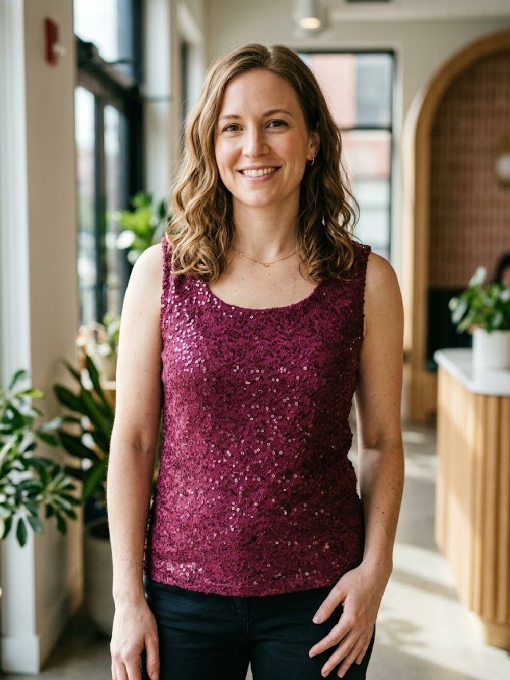 Jones New York Collection Sheer Sequin-Layered Scoop-Neck Tank Top in Cranberry